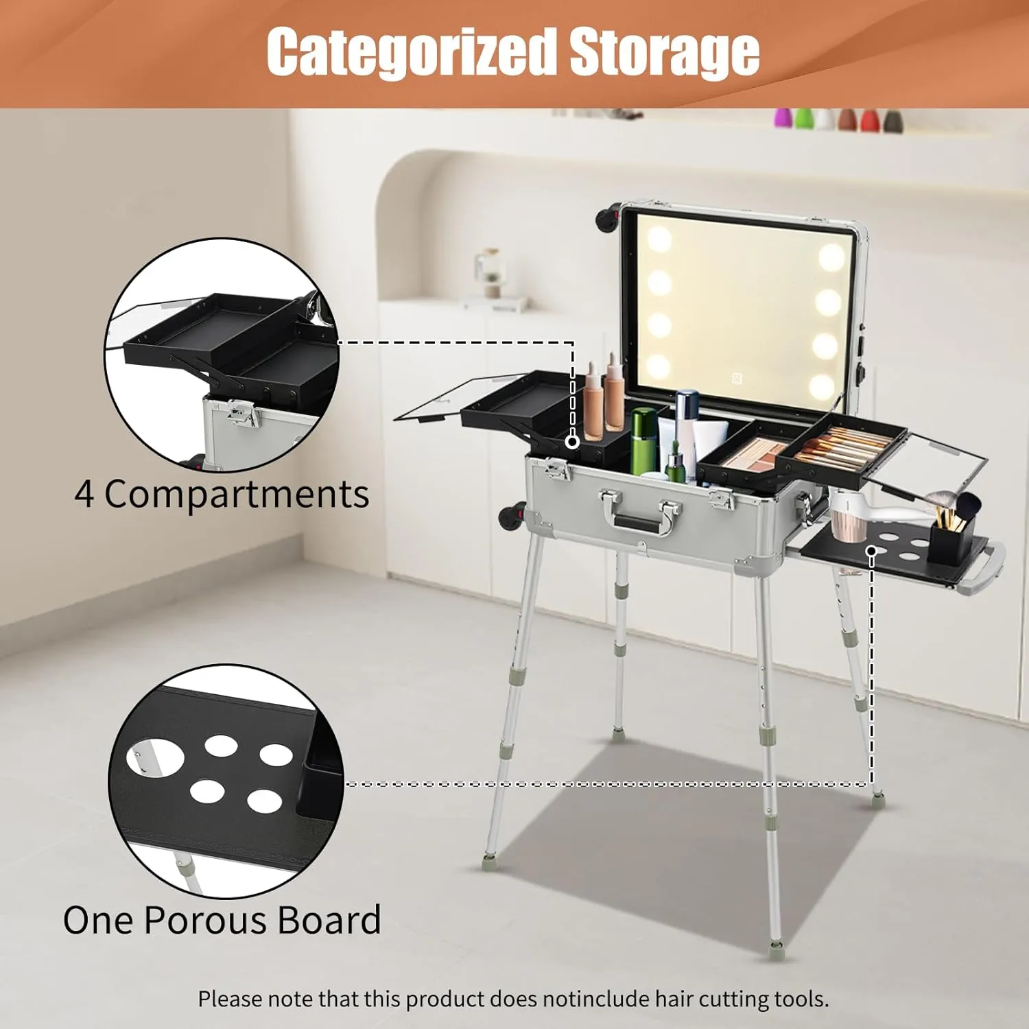 Rolling Makeup Train Case, Aluminum Trolley 3 in 1 Cosmetic Makeup Organizers Box with LED Light, 21'' Professional Makeup Vanity Station Cosmetology Table on Wheels (Sliver)