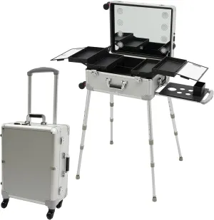 Rolling Makeup Train Case, Aluminum Trolley 3 in 1 Cosmetic Makeup Organizers Box with LED Light, 21'' Professional Makeup Vanity Station Cosmetology Table on Wheels (Sliver)