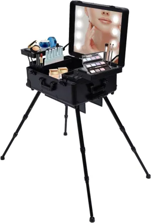 ﻿Rolling Makeup Train Case with LED Lighted Mirror, Aluminum Trolley Makeup Train Case with Extendable Tray 4-Gear Height Adjustable Leg For Makeup Vanity Station Studio Travel(Black)