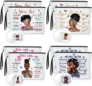 Roowest 20 Pcs Black Women Inspirational Gift Bulk 4 Styles Makeup Bag with Inspirational Compact Mirror, Funny Small Travel Cosmetic Cases Black Women Owned Gifts
