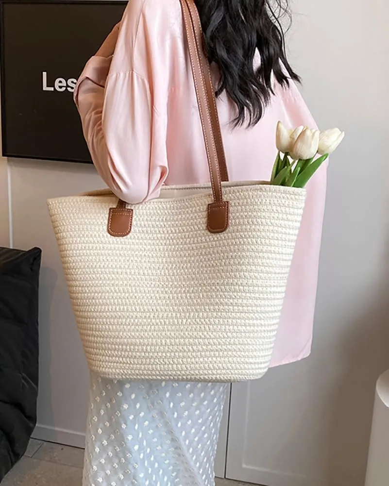 Rungion Summer Straw Tote Bags for Women Knitted Large Top Handle Handbags Woven Beach Shoulder Bags Casual Shopping Purse