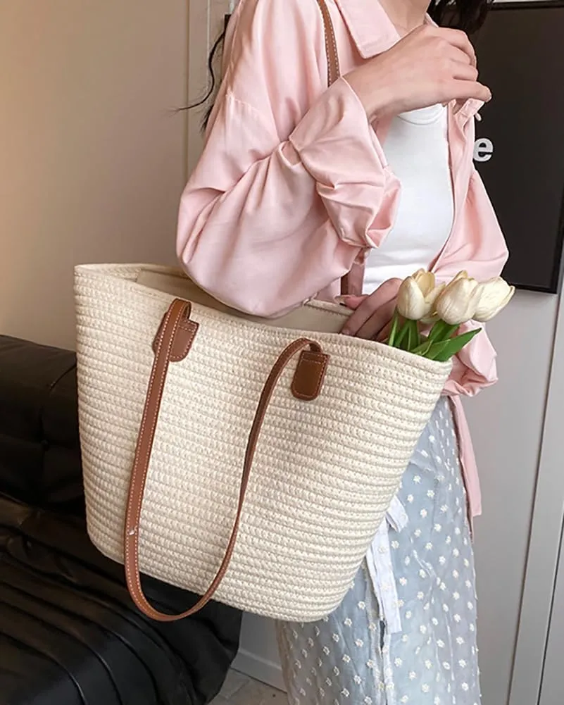 Rungion Summer Straw Tote Bags for Women Knitted Large Top Handle Handbags Woven Beach Shoulder Bags Casual Shopping Purse