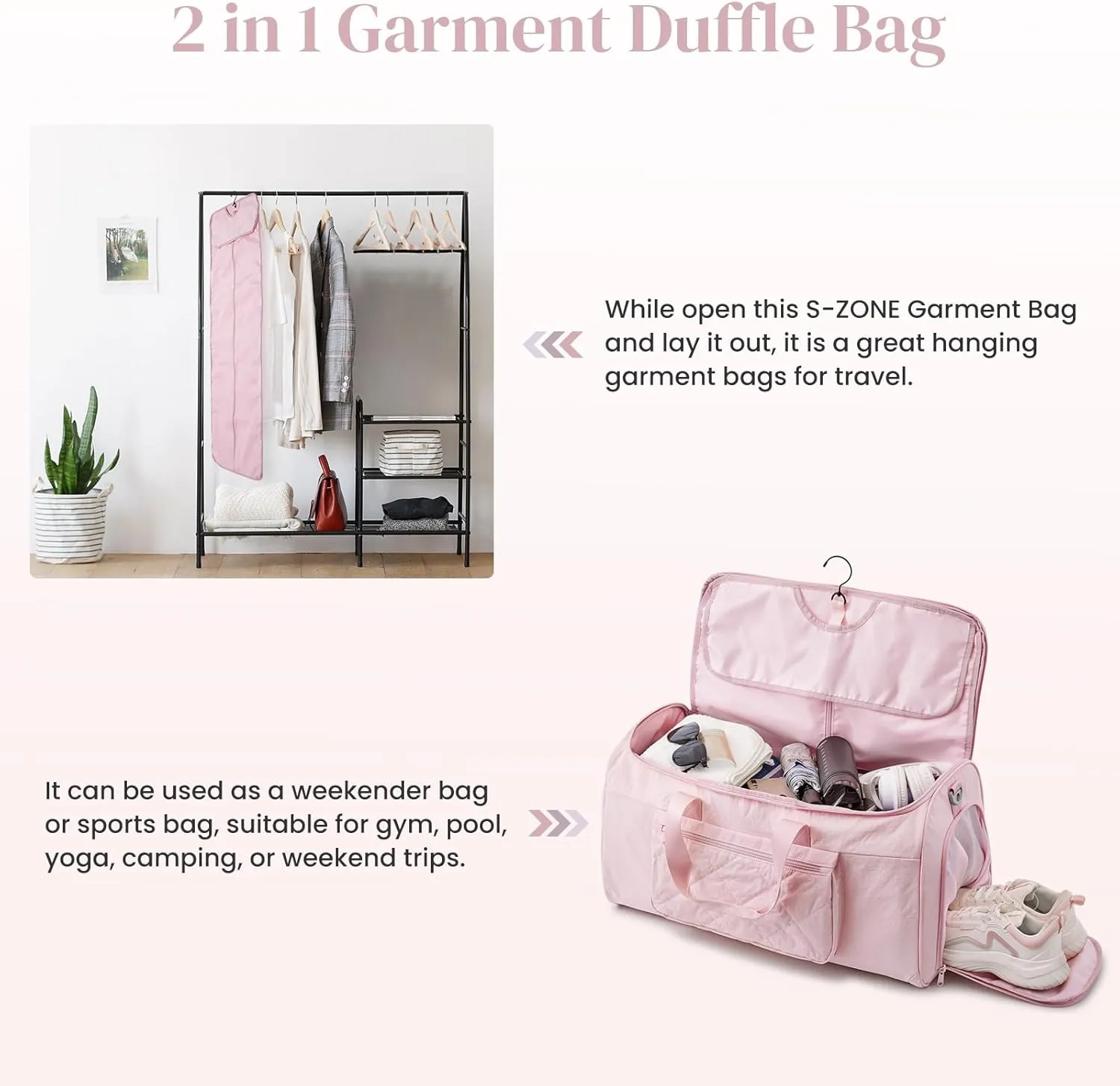 S-ZONE Garment Duffle Bags for Travel Carry on Convertible 2 in 1 Suit Bags Hanging Suitcase with Toiletry Bag 50L