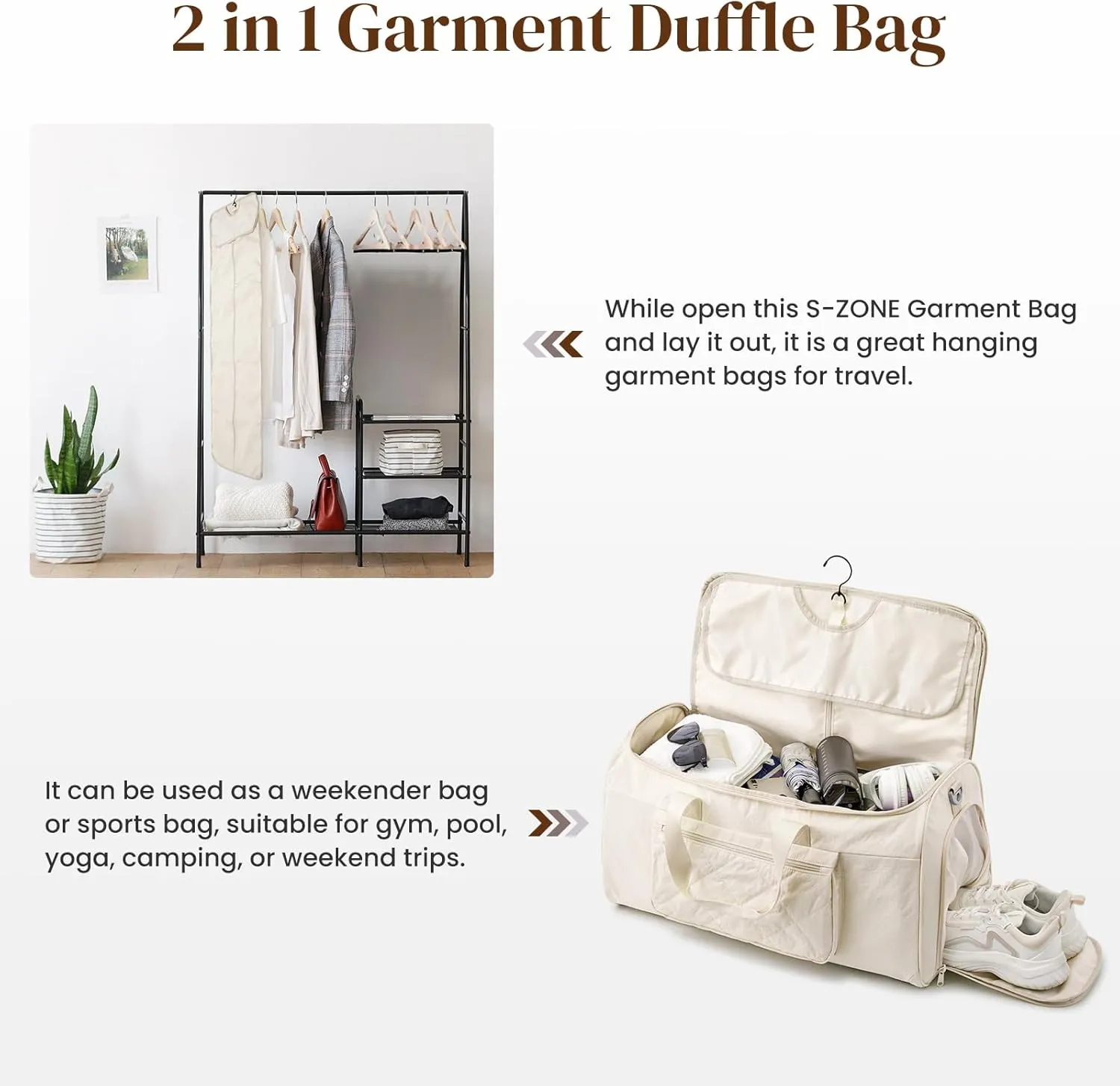 S-ZONE Garment Duffle Bags for Travel Carry on Convertible 2 in 1 Suit Bags Hanging Suitcase with Toiletry Bag 50L