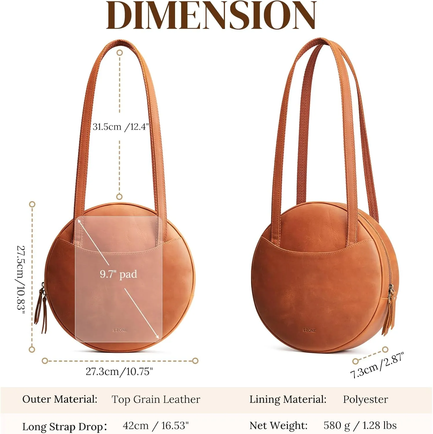 S-ZONE Large Leather Shoulder Bags for Women Circle Trendy Hobo Bag Round Purses Designer Handbag