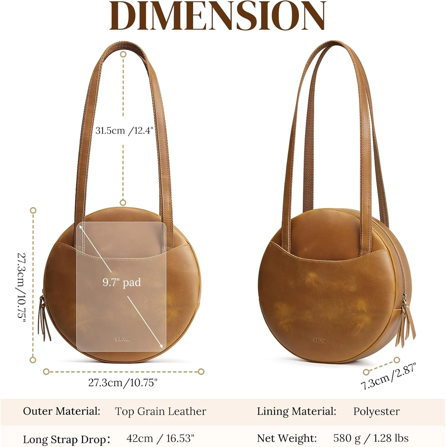 S-ZONE Large Leather Shoulder Bags for Women Circle Trendy Hobo Bag Round Purses Designer Handbag