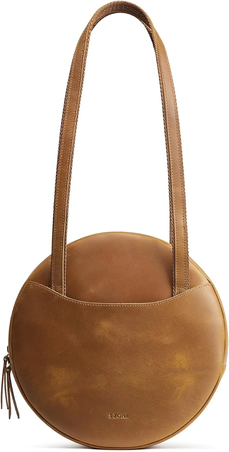 S-ZONE Large Leather Shoulder Bags for Women Circle Trendy Hobo Bag Round Purses Designer Handbag