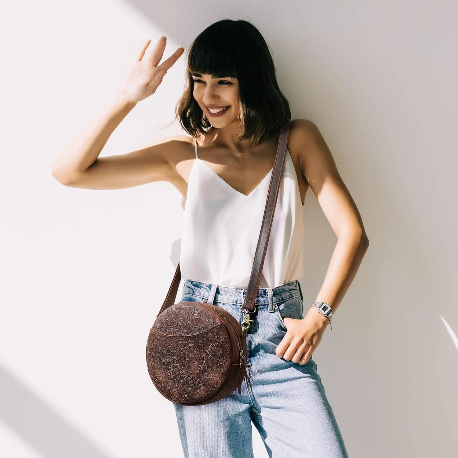 S-ZONE Leather Crossbody Bags for Women Trendy Circle Cross Body Shoulder Bag Designer Round Purses
