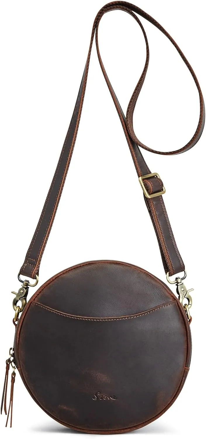 S-ZONE Leather Crossbody Bags for Women Trendy Circle Cross Body Shoulder Bag Designer Round Purses