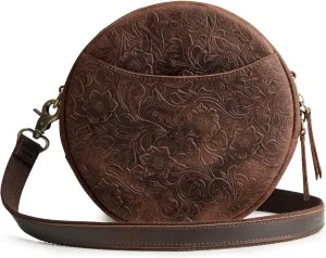 S-ZONE Leather Crossbody Bags for Women Trendy Circle Cross Body Shoulder Bag Designer Round Purses