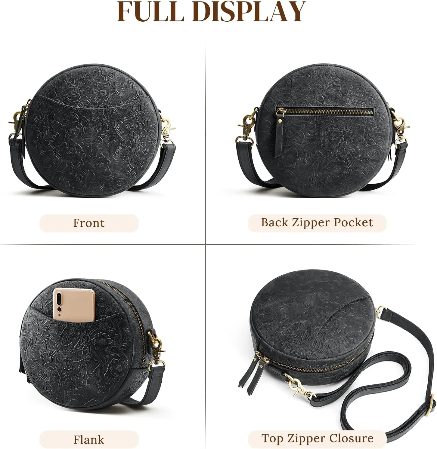 S-ZONE Leather Crossbody Bags for Women Trendy Circle Cross Body Shoulder Bag Designer Round Purses