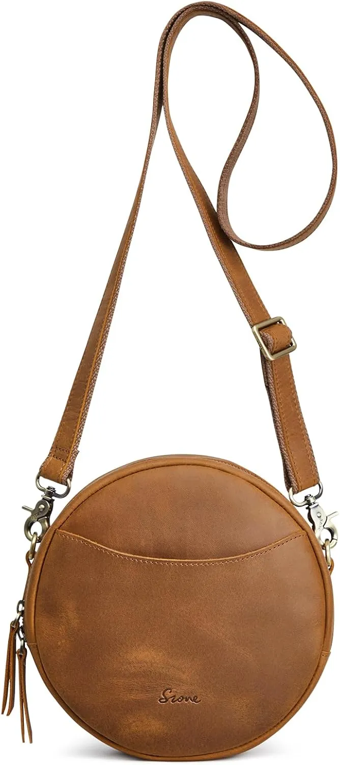 S-ZONE Leather Crossbody Bags for Women Trendy Circle Cross Body Shoulder Bag Designer Round Purses