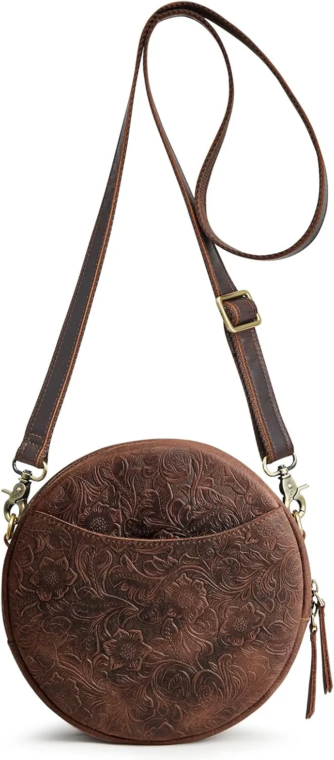 S-ZONE Leather Crossbody Bags for Women Trendy Circle Cross Body Shoulder Bag Designer Round Purses