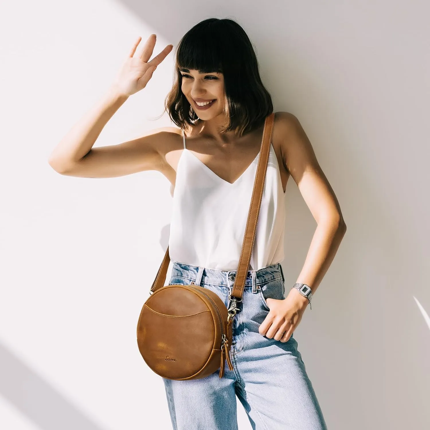 S-ZONE Leather Crossbody Bags for Women Trendy Circle Cross Body Shoulder Bag Designer Round Purses