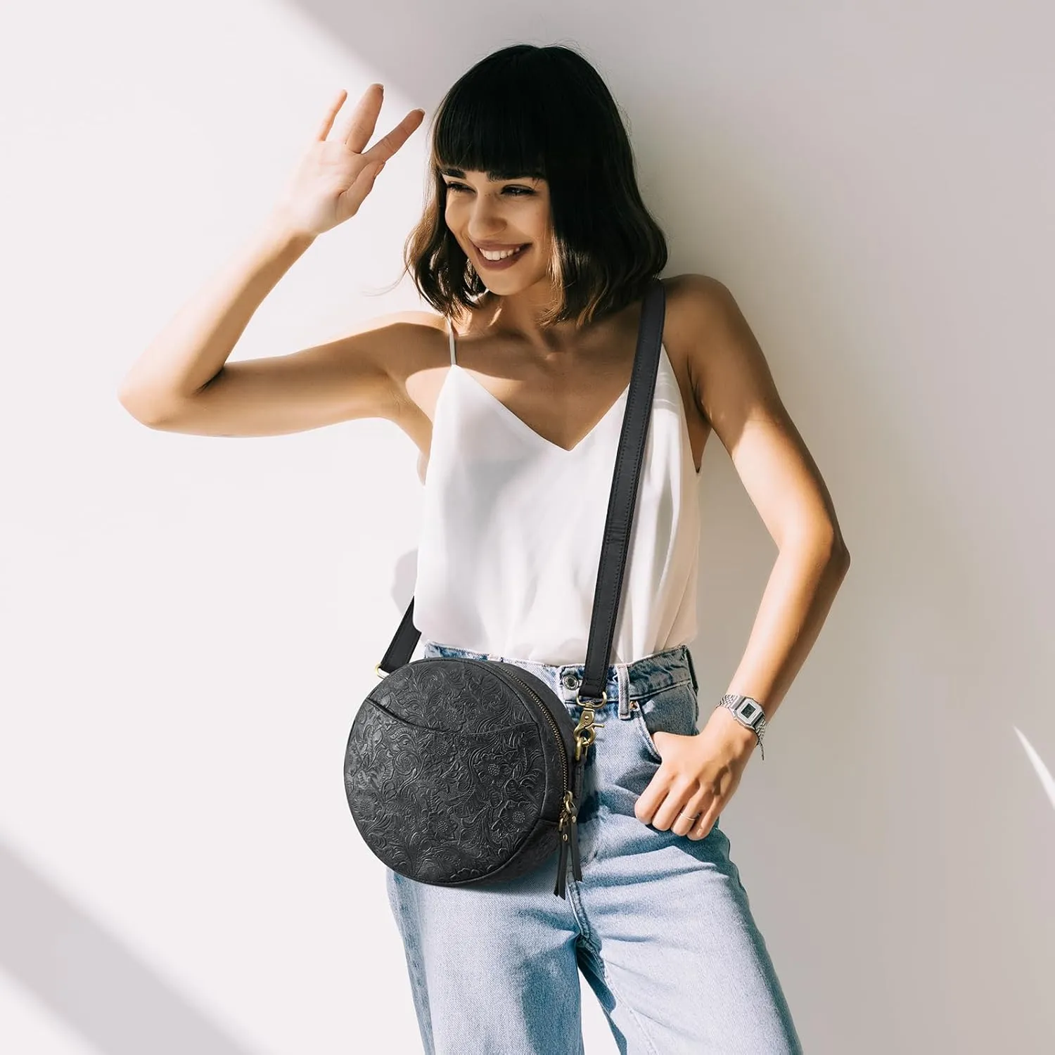 S-ZONE Leather Crossbody Bags for Women Trendy Circle Cross Body Shoulder Bag Designer Round Purses