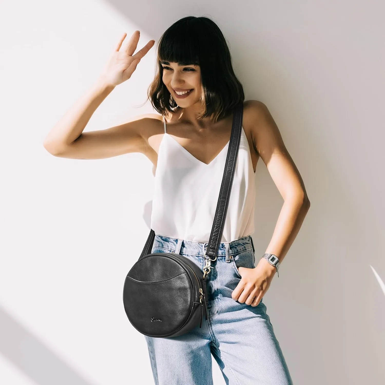 S-ZONE Leather Crossbody Bags for Women Trendy Circle Cross Body Shoulder Bag Designer Round Purses