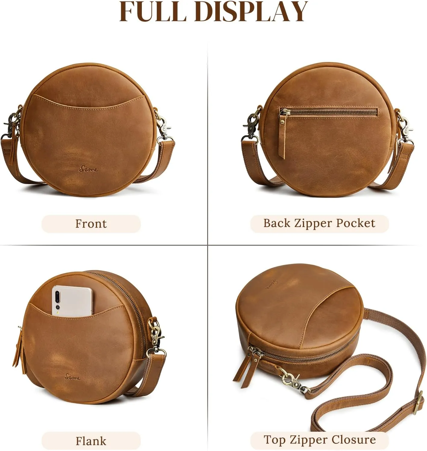 S-ZONE Leather Crossbody Bags for Women Trendy Circle Cross Body Shoulder Bag Designer Round Purses