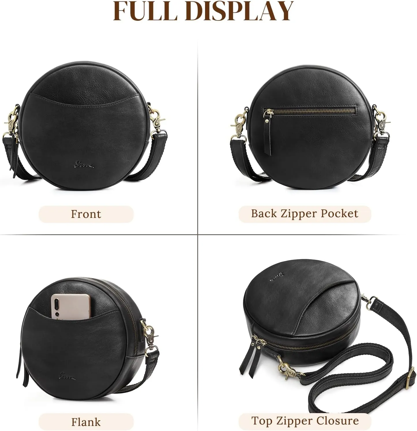 S-ZONE Leather Crossbody Bags for Women Trendy Circle Cross Body Shoulder Bag Designer Round Purses