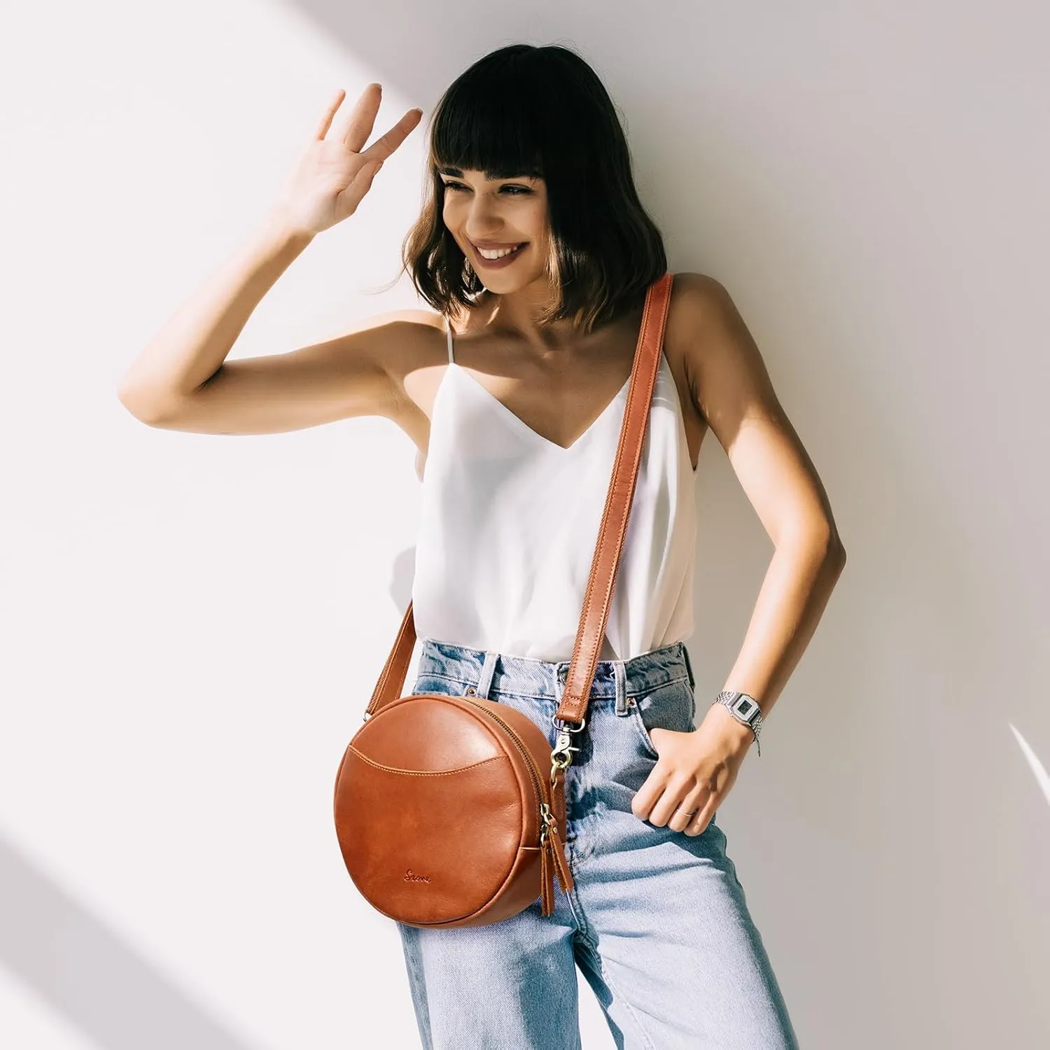 S-ZONE Leather Crossbody Bags for Women Trendy Circle Cross Body Shoulder Bag Designer Round Purses