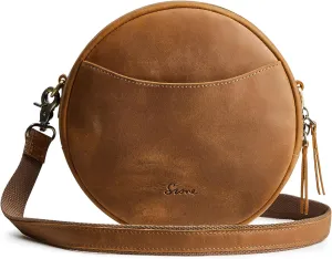 S-ZONE Leather Crossbody Bags for Women Trendy Circle Cross Body Shoulder Bag Designer Round Purses