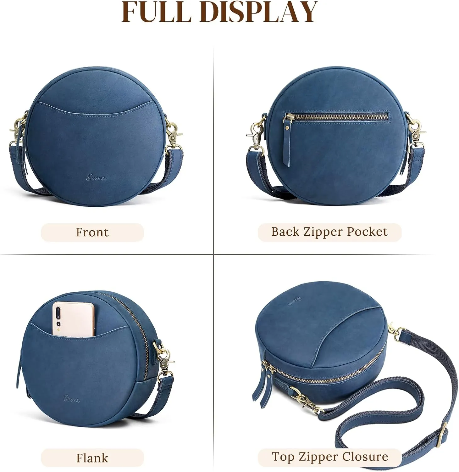 S-ZONE Leather Crossbody Bags for Women Trendy Circle Cross Body Shoulder Bag Designer Round Purses
