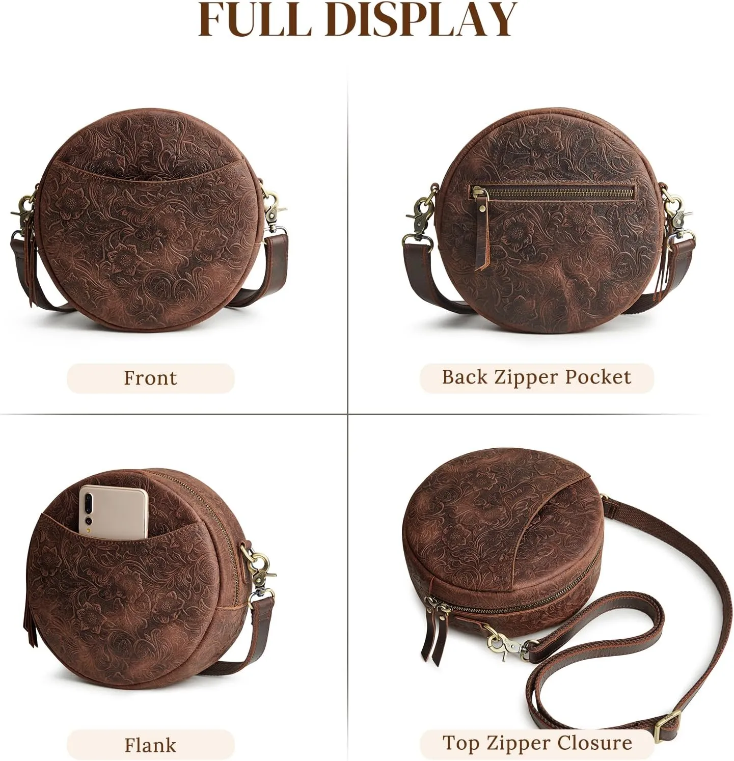 S-ZONE Leather Crossbody Bags for Women Trendy Circle Cross Body Shoulder Bag Designer Round Purses