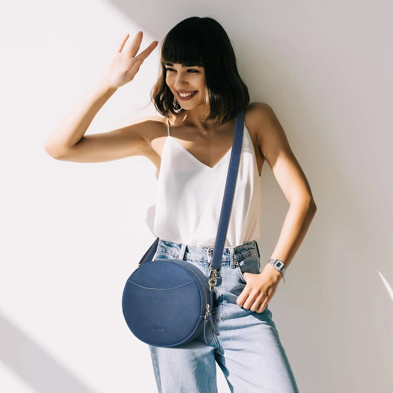 S-ZONE Leather Crossbody Bags for Women Trendy Circle Cross Body Shoulder Bag Designer Round Purses