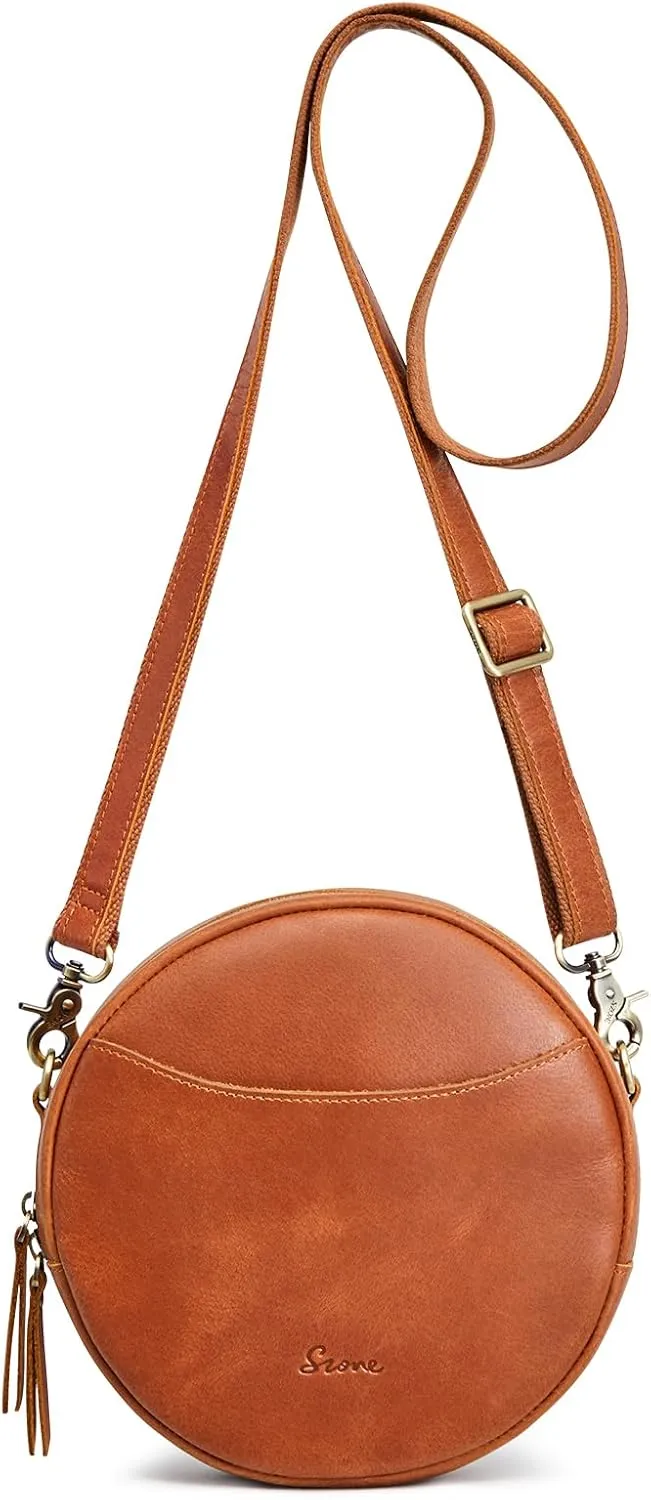 S-ZONE Leather Crossbody Bags for Women Trendy Circle Cross Body Shoulder Bag Designer Round Purses