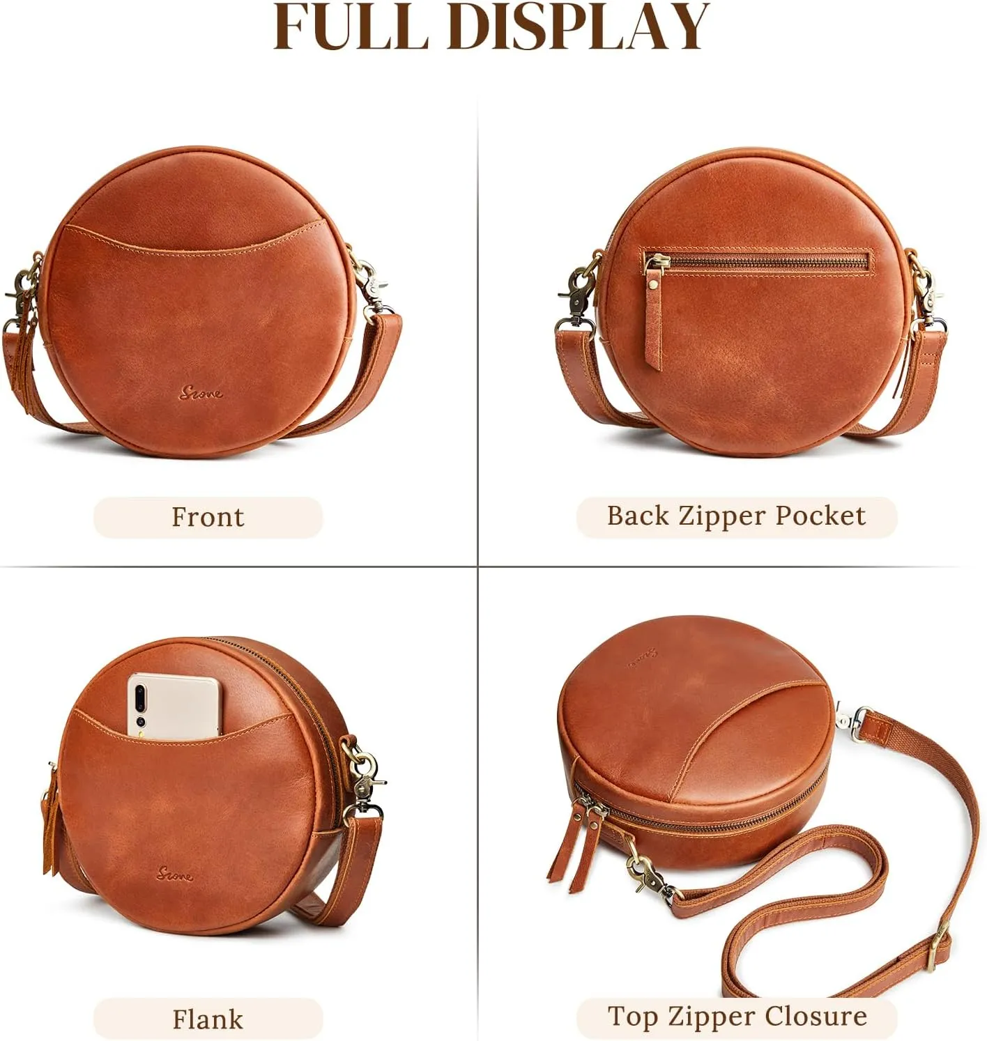 S-ZONE Leather Crossbody Bags for Women Trendy Circle Cross Body Shoulder Bag Designer Round Purses