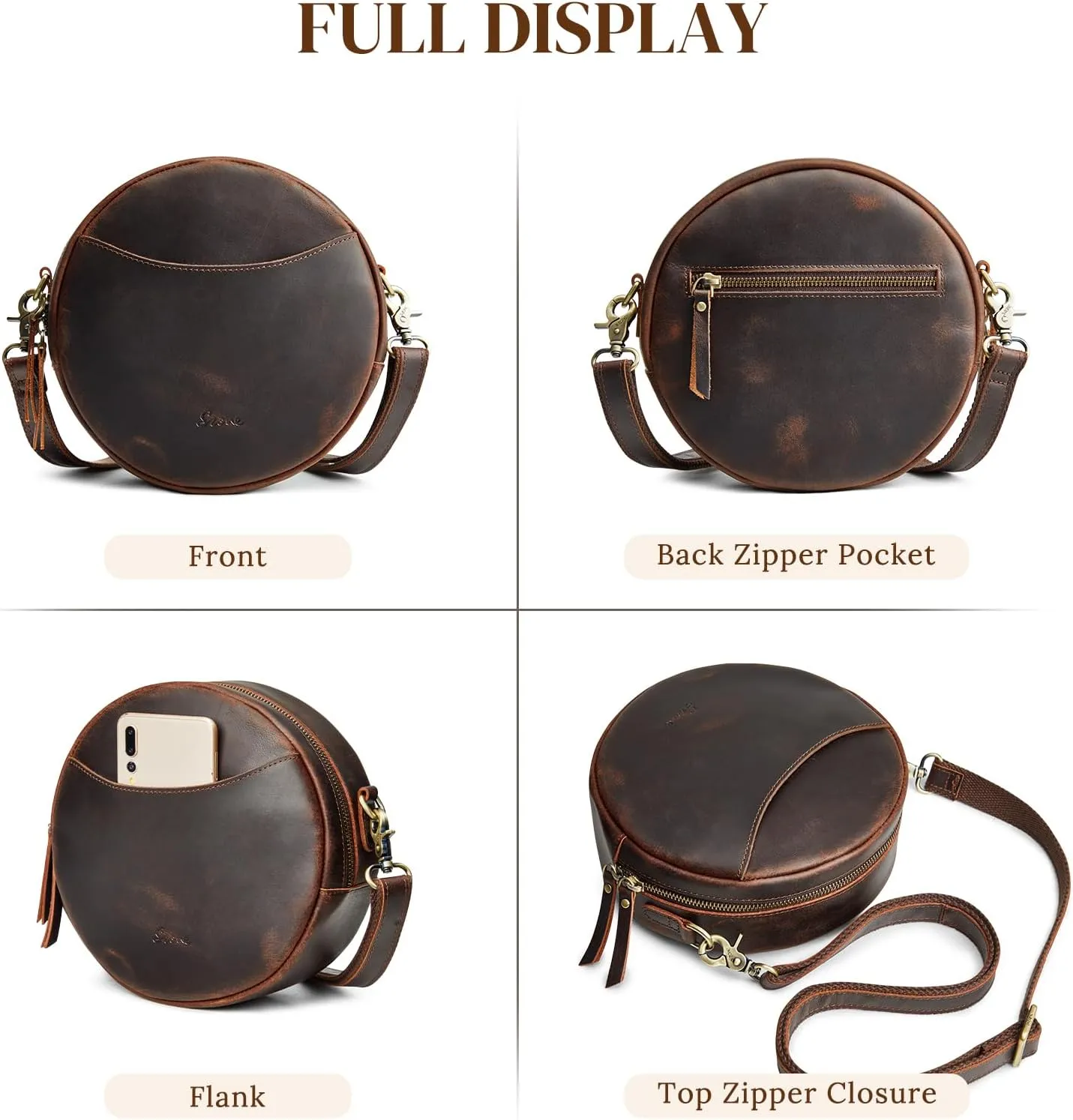 S-ZONE Leather Crossbody Bags for Women Trendy Circle Cross Body Shoulder Bag Designer Round Purses