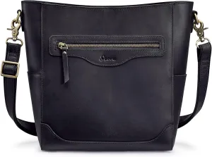 S-ZONE Women Genuine Leather Bucket Shoulder Bag Vintage Crossbody Purse with Outer Pocket