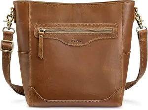 S-ZONE Women Genuine Leather Bucket Shoulder Bag Vintage Crossbody Purse with Outer Pocket