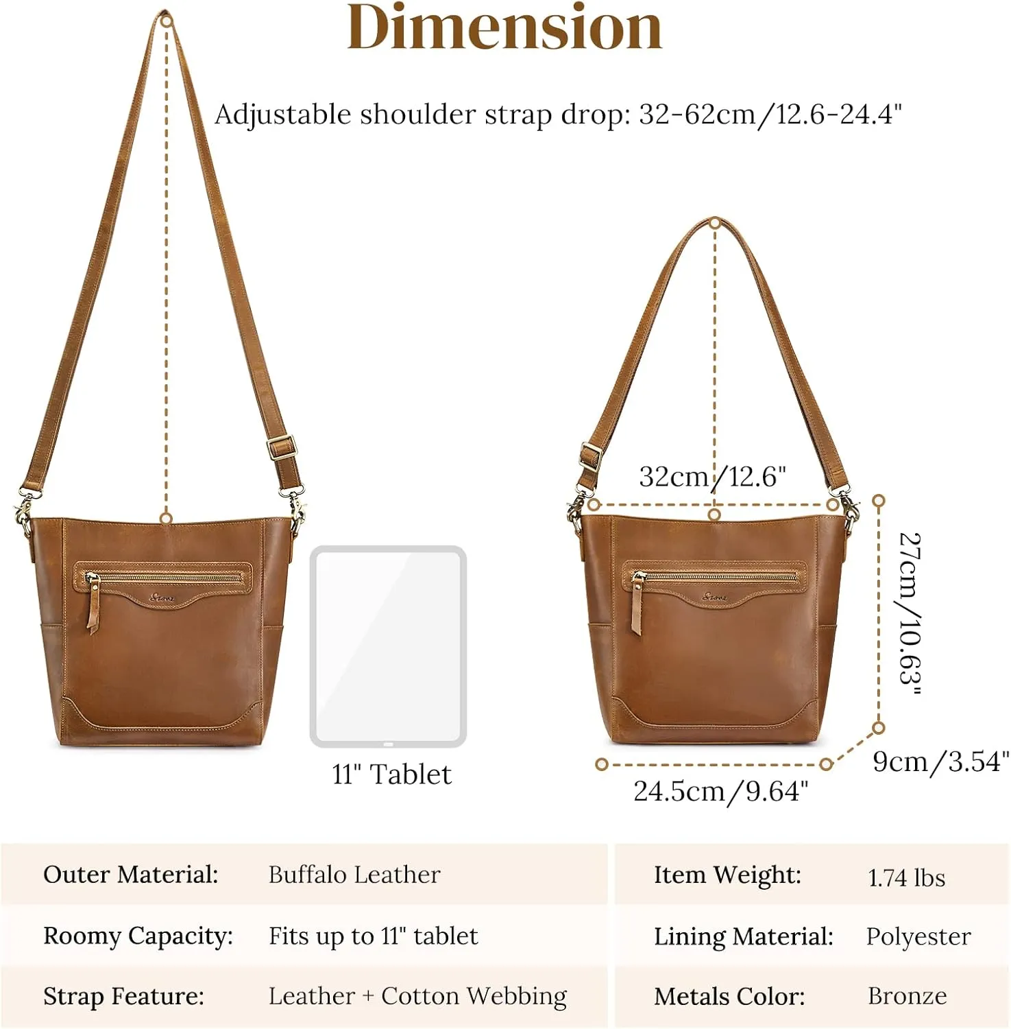 S-ZONE Women Genuine Leather Bucket Shoulder Bag Vintage Crossbody Purse with Outer Pocket
