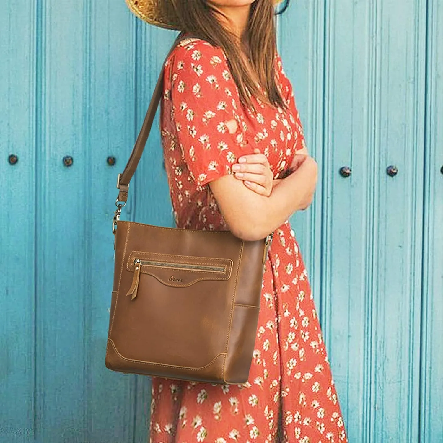 S-ZONE Women Genuine Leather Bucket Shoulder Bag Vintage Crossbody Purse with Outer Pocket