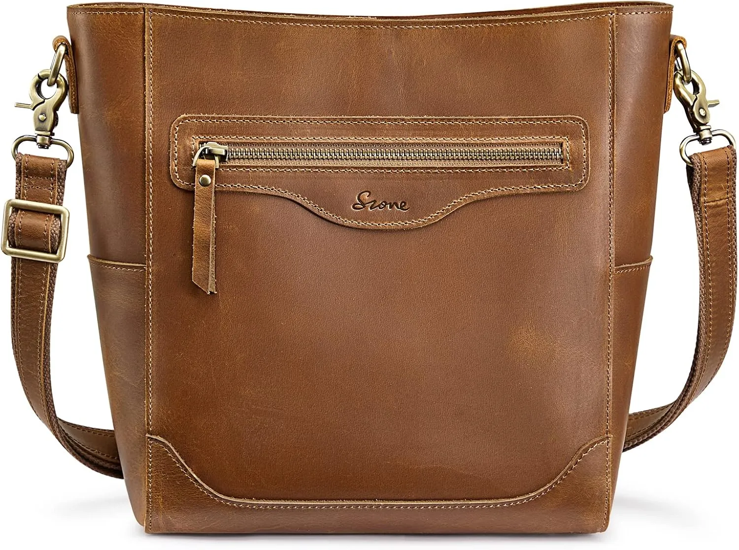S-ZONE Women Genuine Leather Bucket Shoulder Bag Vintage Crossbody Purse with Outer Pocket