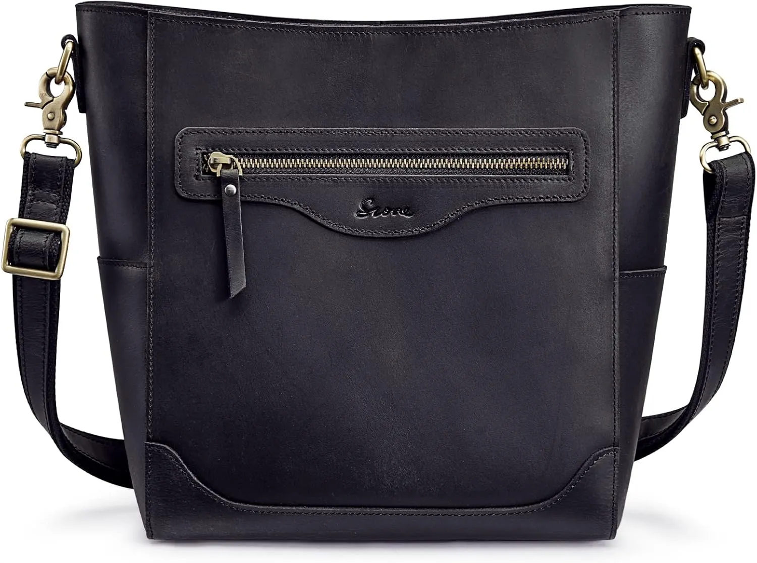 S-ZONE Women Genuine Leather Bucket Shoulder Bag Vintage Crossbody Purse with Outer Pocket
