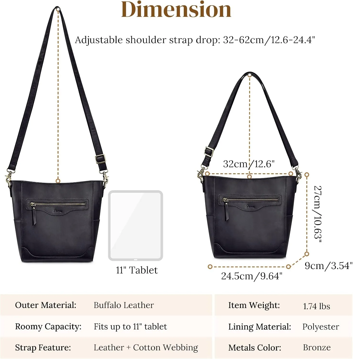S-ZONE Women Genuine Leather Bucket Shoulder Bag Vintage Crossbody Purse with Outer Pocket