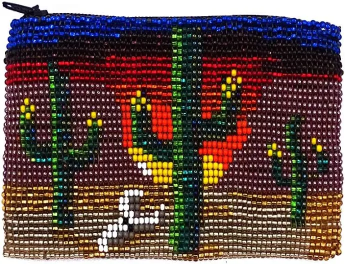 Saguaro Cactus Southwest Sunset Czech Glass Seed Beaded Coin Purse Zipper Pouch - Womens Fashion Handmade Bags Boho Travel Accessories (Multicolored)