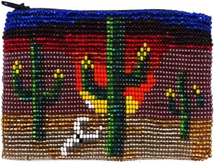 Saguaro Cactus Southwest Sunset Czech Glass Seed Beaded Coin Purse Zipper Pouch - Womens Fashion Handmade Bags Boho Travel Accessories (Multicolored)
