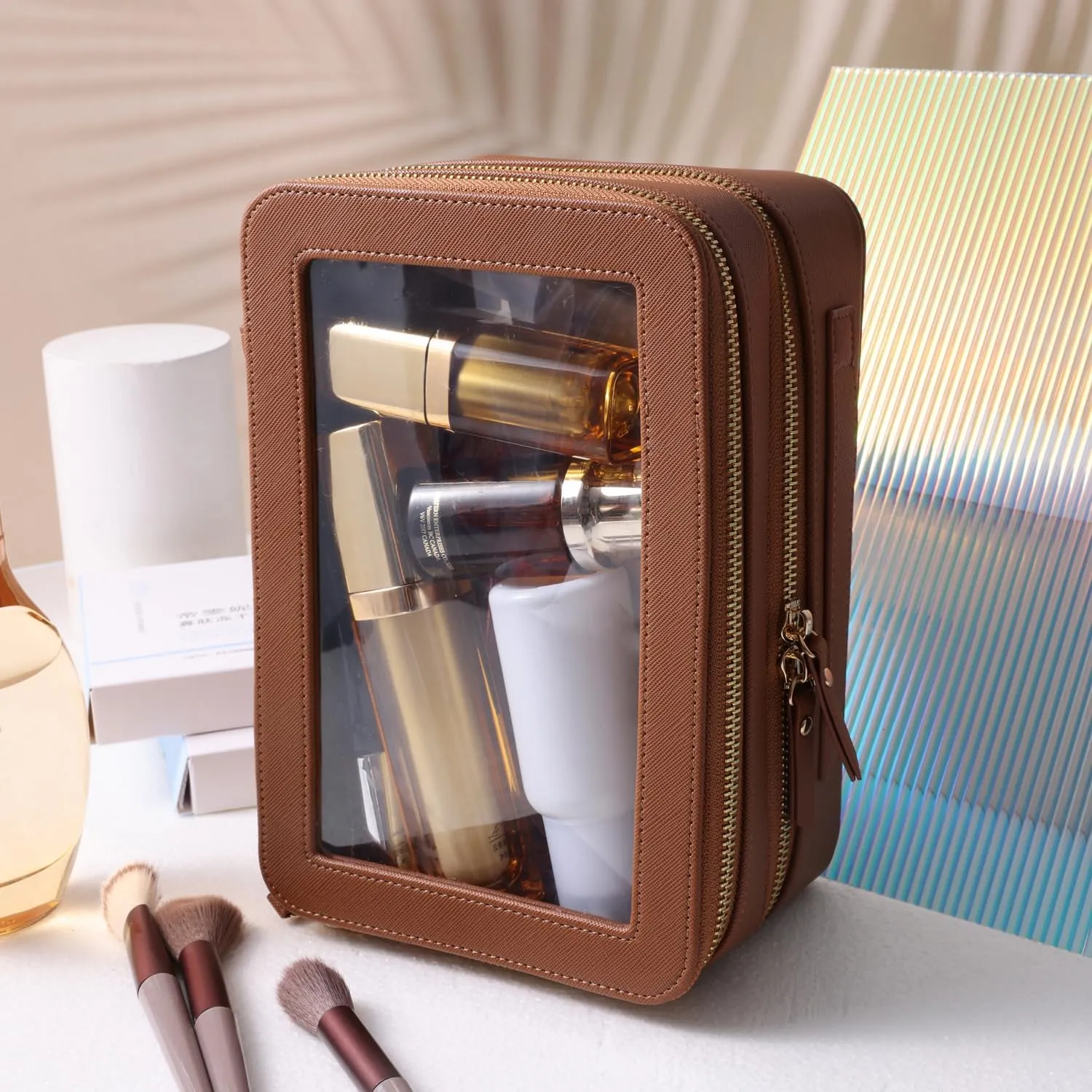 SANHECUN Clear Travel Toiletry bag Toiletry Case Carry on Travel Accessories Bag Makeup Bag (Brown, SHC-TL-2)
