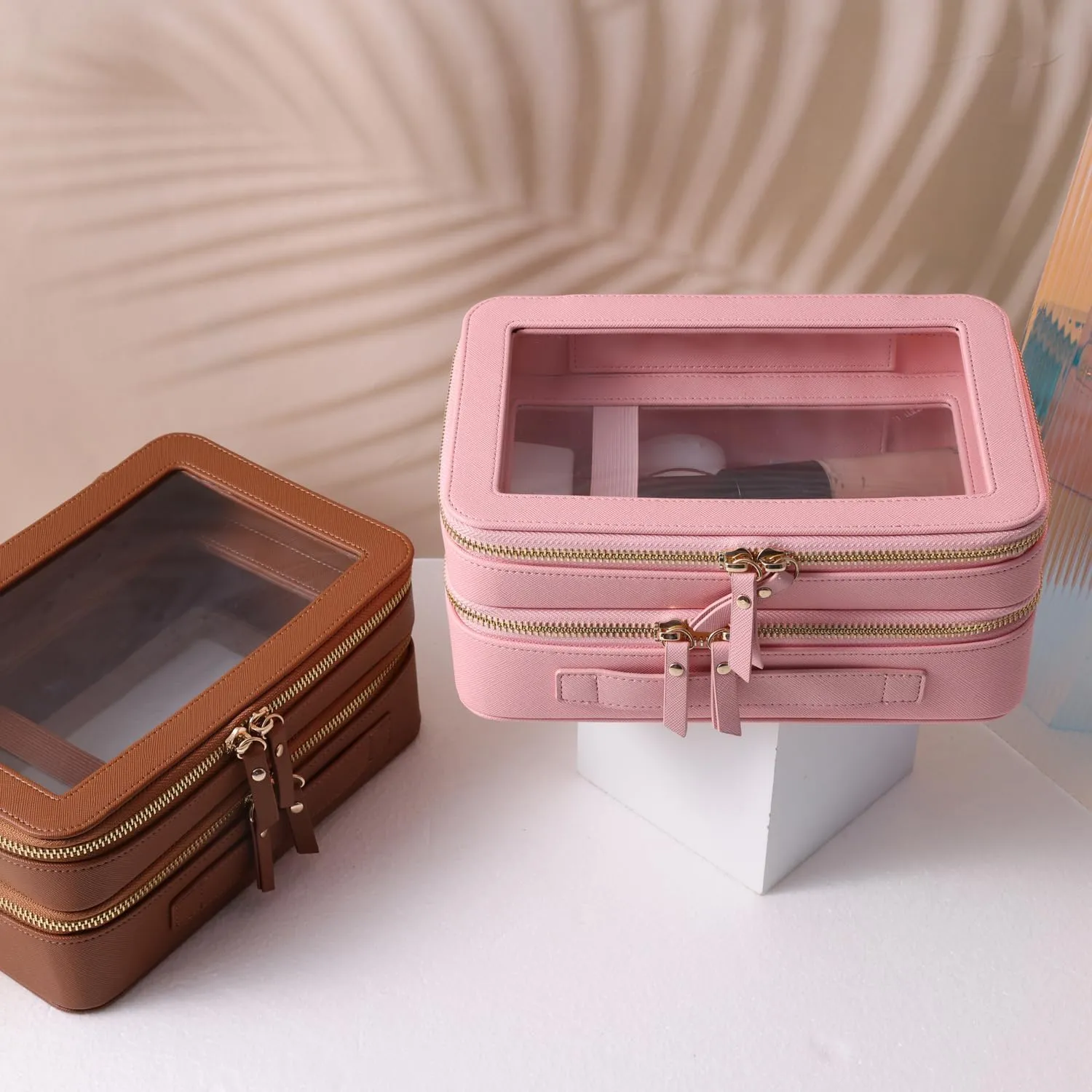 SANHECUN Clear Travel Toiletry bag Toiletry Case Carry on Travel Accessories Bag Makeup Bag (Brown, SHC-TL-2)