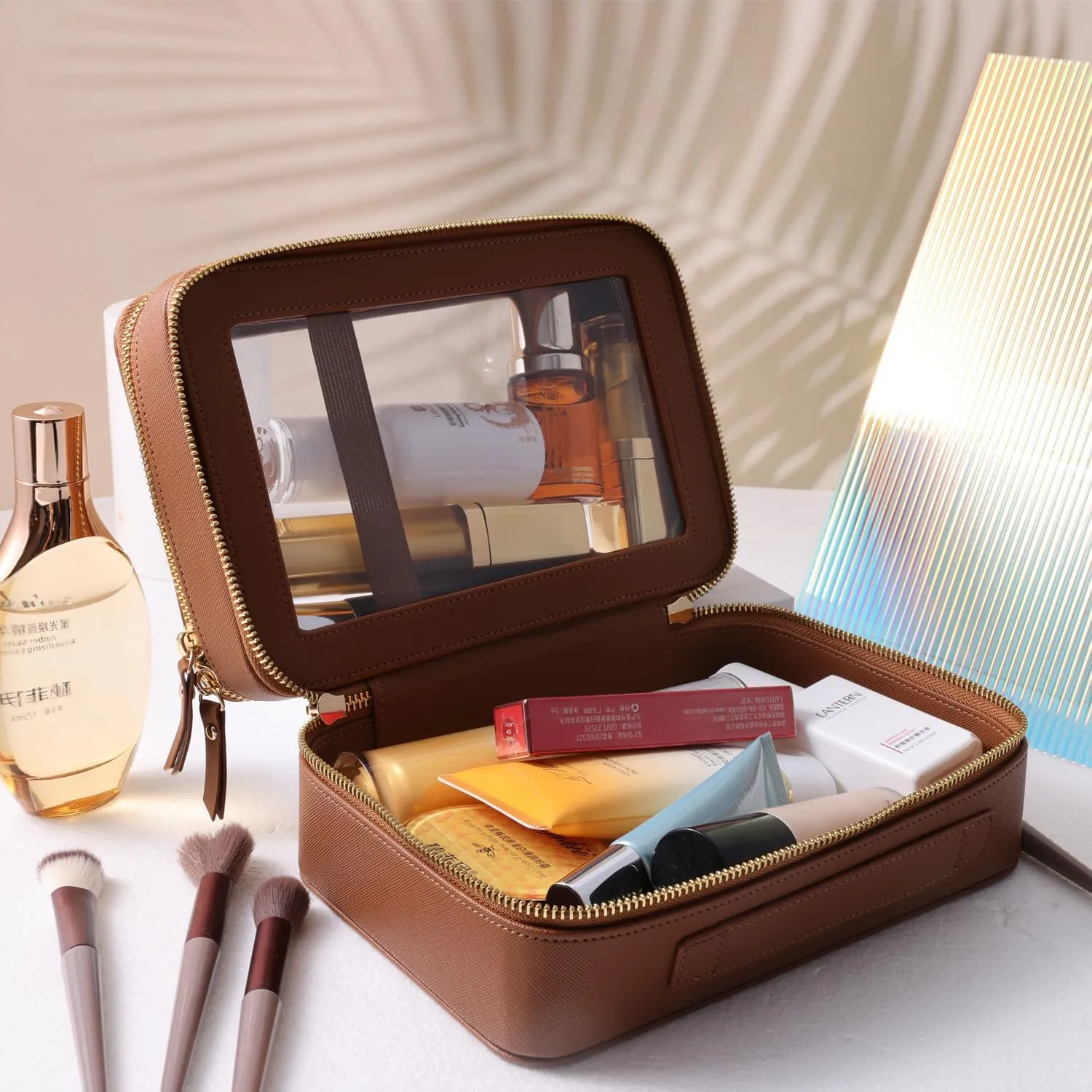SANHECUN Clear Travel Toiletry bag Toiletry Case Carry on Travel Accessories Bag Makeup Bag (Brown, SHC-TL-2)