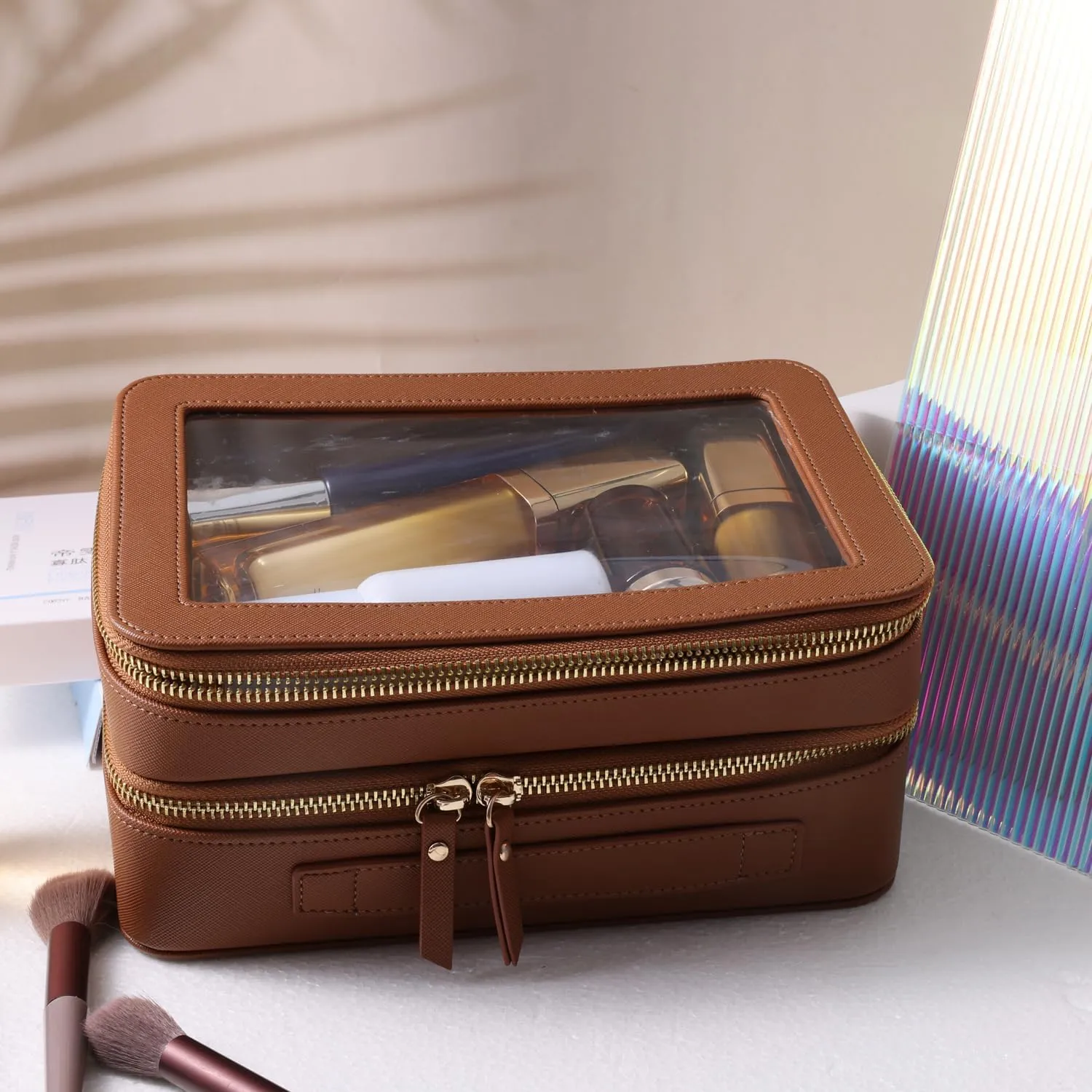 SANHECUN Clear Travel Toiletry bag Toiletry Case Carry on Travel Accessories Bag Makeup Bag (Brown, SHC-TL-2)