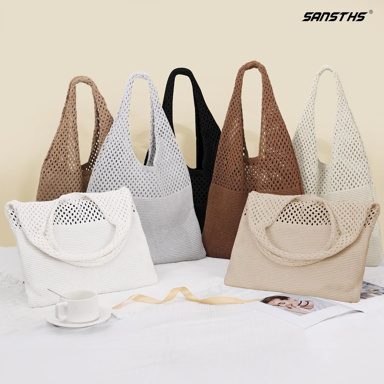 SANSTHS Crochet Mesh Beach Tote Bag Retro Hobo Knitted Bag Woven Tote Summer Shoulder Bag for Women