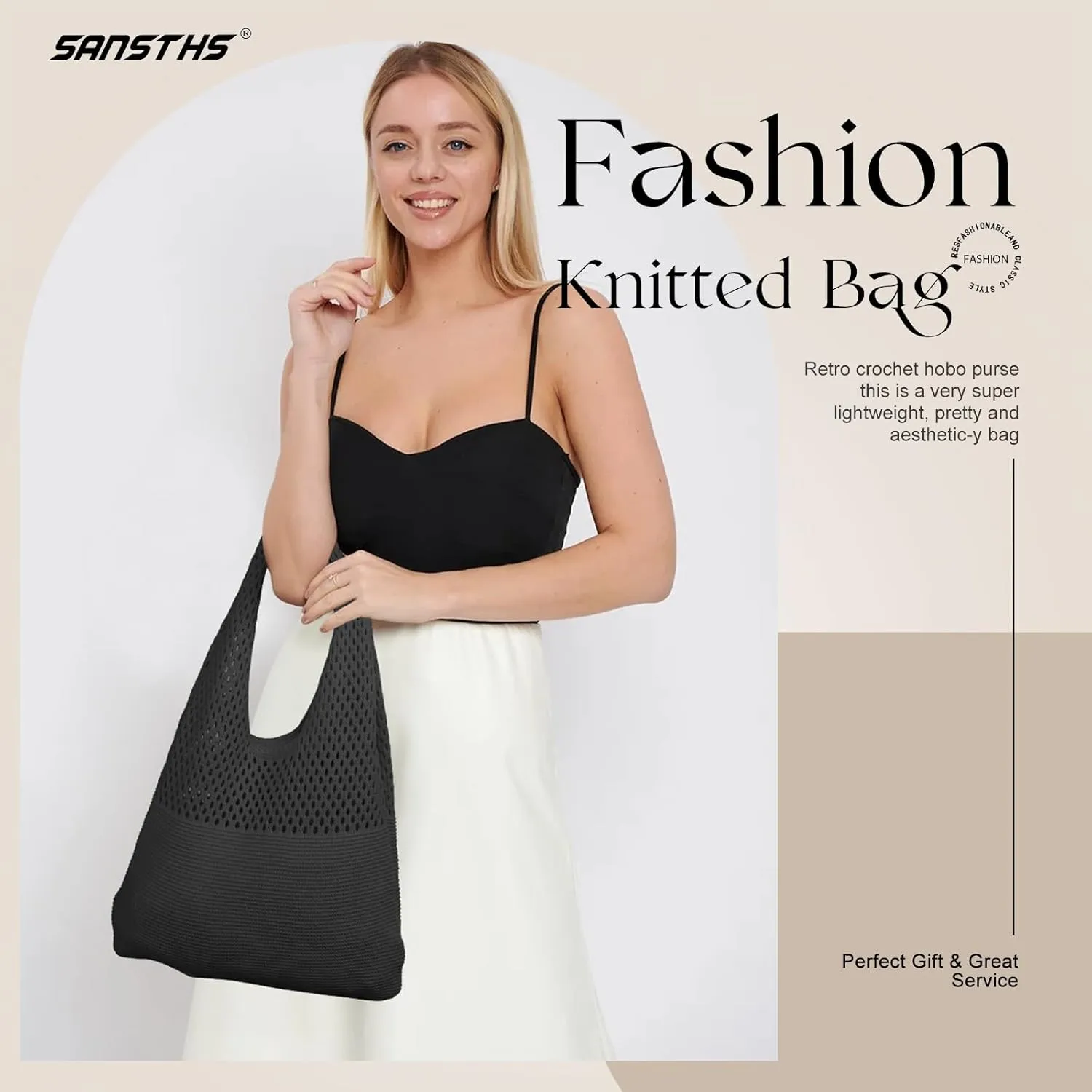 SANSTHS Crochet Mesh Beach Tote Bag Retro Hobo Knitted Bag Woven Tote Summer Shoulder Bag for Women
