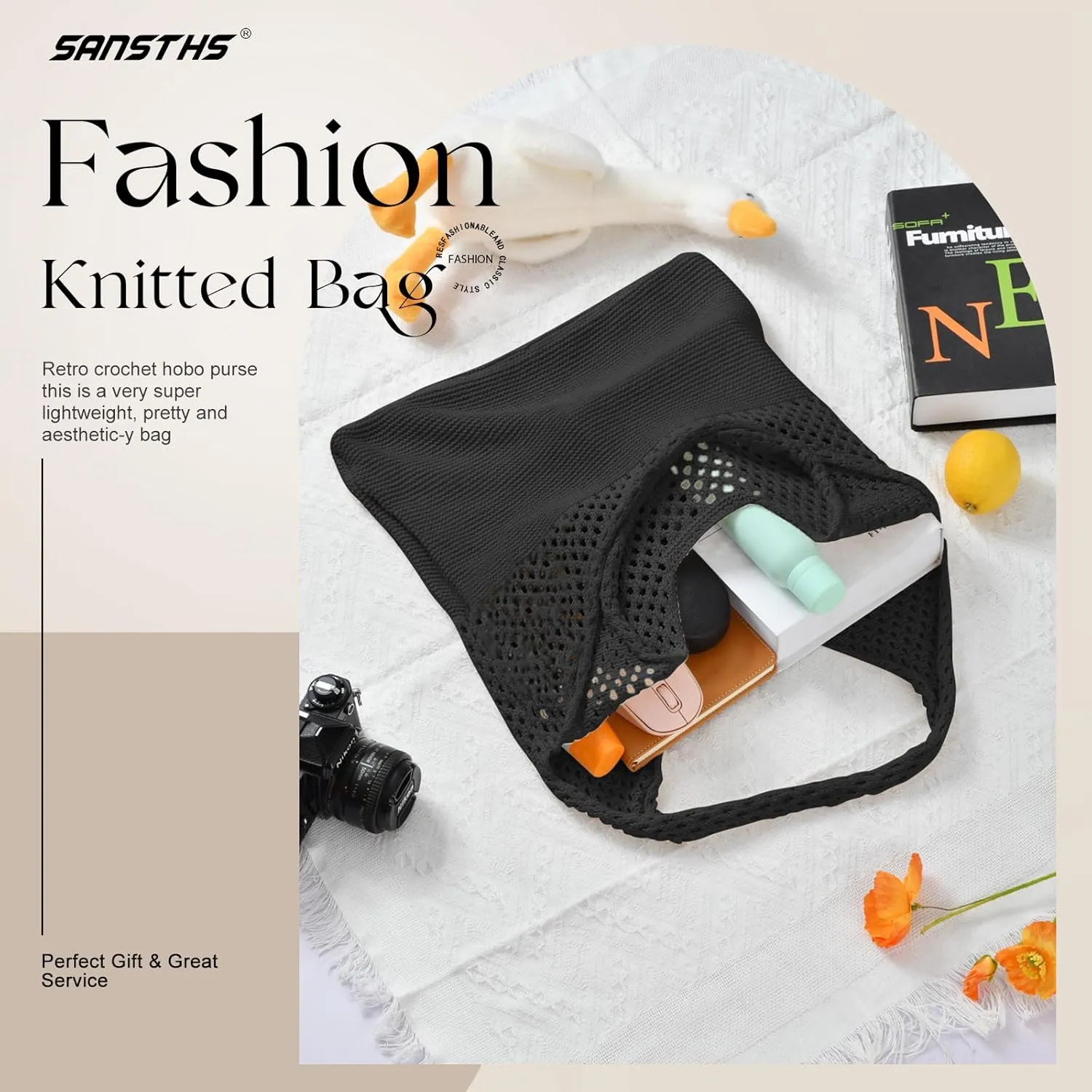 SANSTHS Crochet Mesh Beach Tote Bag Retro Hobo Knitted Bag Woven Tote Summer Shoulder Bag for Women