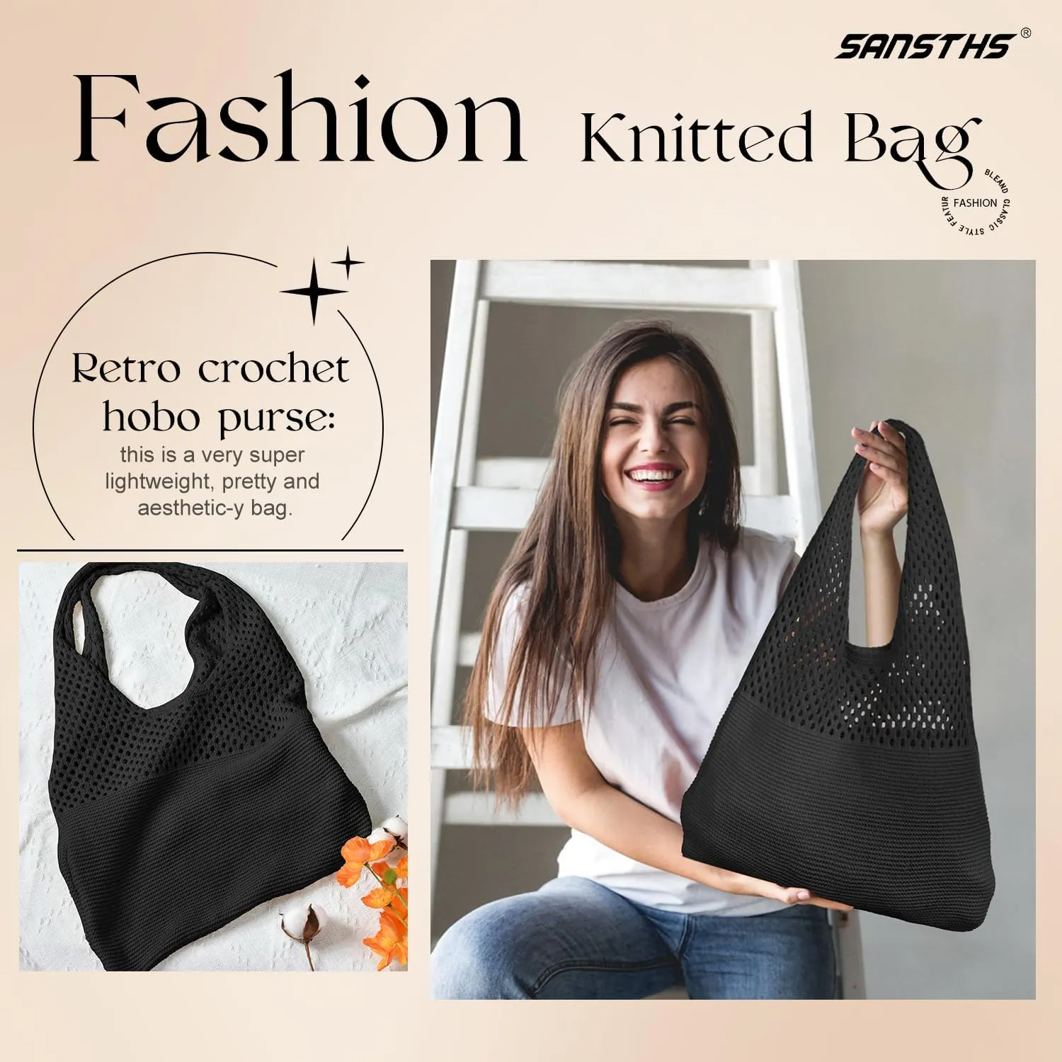 SANSTHS Crochet Mesh Beach Tote Bag Retro Hobo Knitted Bag Woven Tote Summer Shoulder Bag for Women