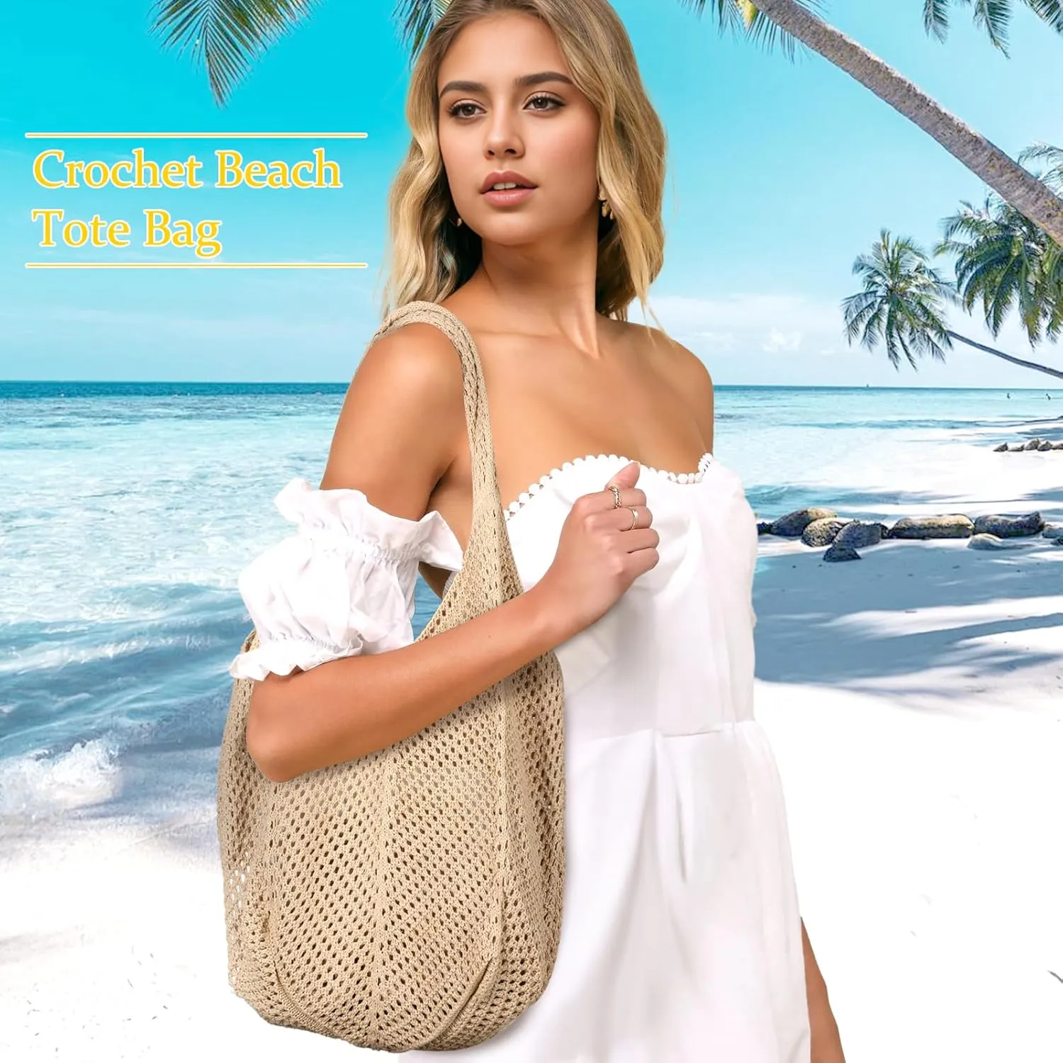 SANSTHS Crochet Mesh Beach Tote Bag Retro Hobo Knitted Bag Woven Tote Summer Shoulder Bag for Women
