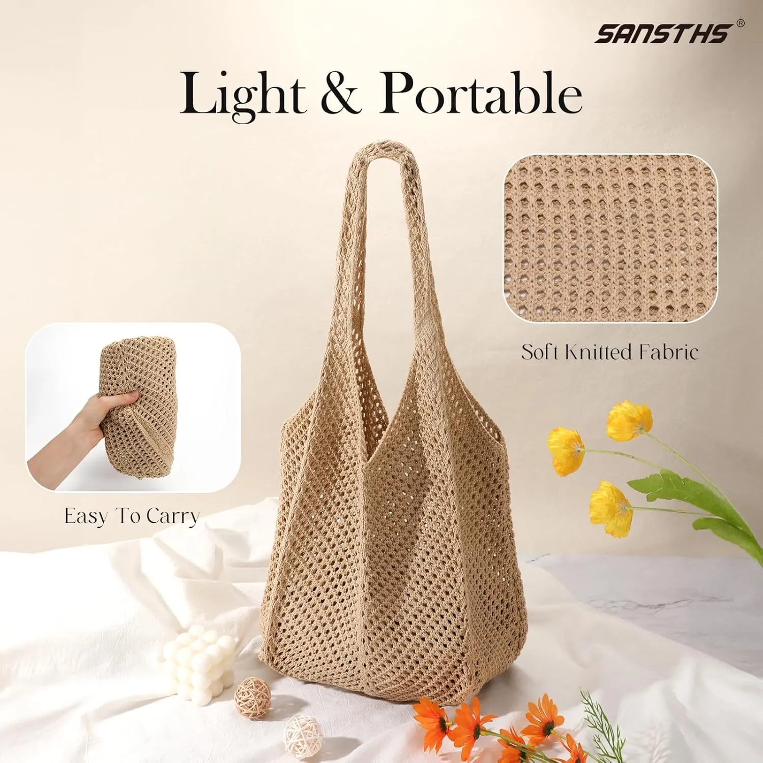 SANSTHS Crochet Mesh Beach Tote Bag Retro Hobo Knitted Bag Woven Tote Summer Shoulder Bag for Women
