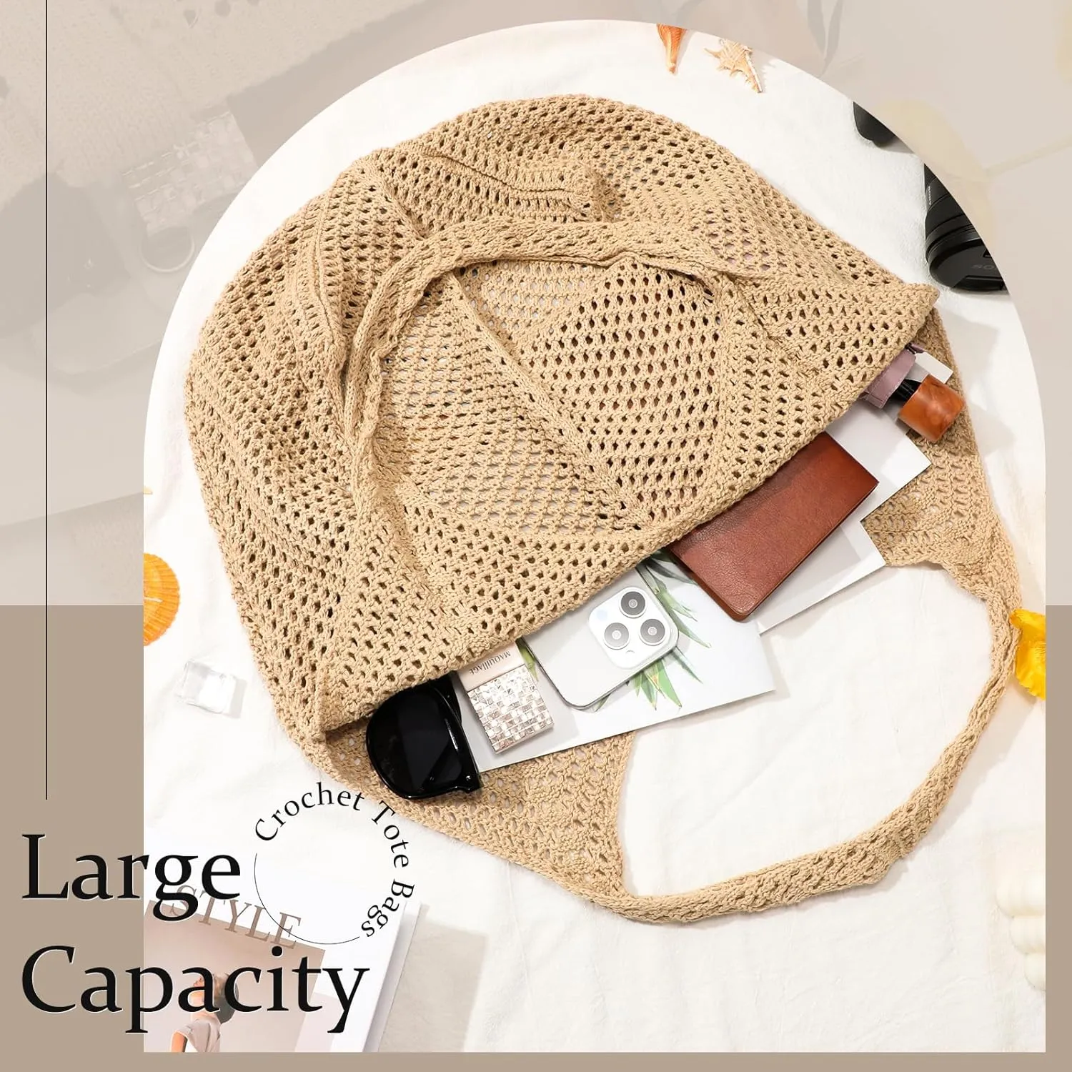 SANSTHS Crochet Mesh Beach Tote Bag Retro Hobo Knitted Bag Woven Tote Summer Shoulder Bag for Women